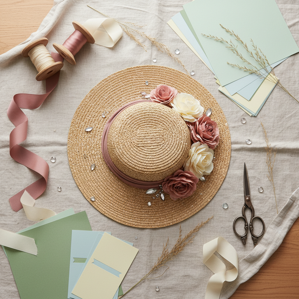 An elegantly styled flatlay of hat-making materials arranged around a partially decorated straw hat on a linen-draped worktable. The hat sits slightly off-center, already adorned on one side with layered tissue paper flowers, a ruched stretch nylon band, and a scattering of tiny jewel embellishments. Around it lie spools of ribbon in dusty rose and cream, sheets of colored crepe paper, cut card shapes, delicate grasses, and a pair of vintage metal scissors. Natural north-facing window light creates soft, shadowless illumination, revealing every fiber and fold without harsh contrast. Photographic realism, overhead composition with careful negative space, evoking a refined studio mood that emphasizes craftsmanship, process, and the sophisticated artistry behind each decorated hat.