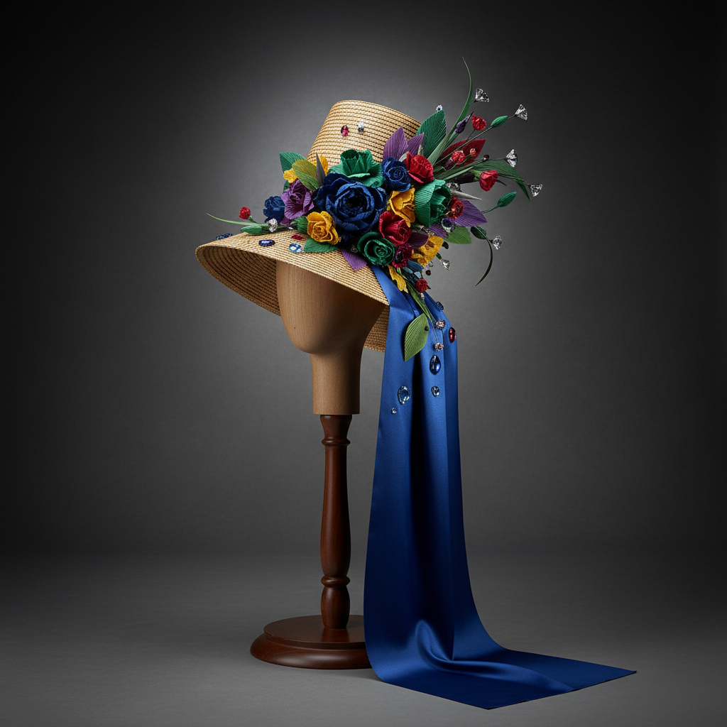 A dramatic, fashion-focused still life of a tall-crowned straw hat displayed on a simple, faceless wooden stand atop a dark walnut pedestal. The hat features an asymmetrical arrangement of deep jewel-toned artificial flowers, layered crepe paper petals, and structured card leaves, with a luxurious satin ribbon cascading down like a waterfall. A few sparkling jewel pieces are strategically placed to catch the light. The background is a softly textured charcoal grey, lit by a single diffused spotlight from above and slightly behind, creating a gentle halo and subtle rim lighting around the brim. Photographic realism, slightly low camera angle, and a tight, vertical composition convey a gallery-like, sophisticated atmosphere suitable for a hero portfolio image.