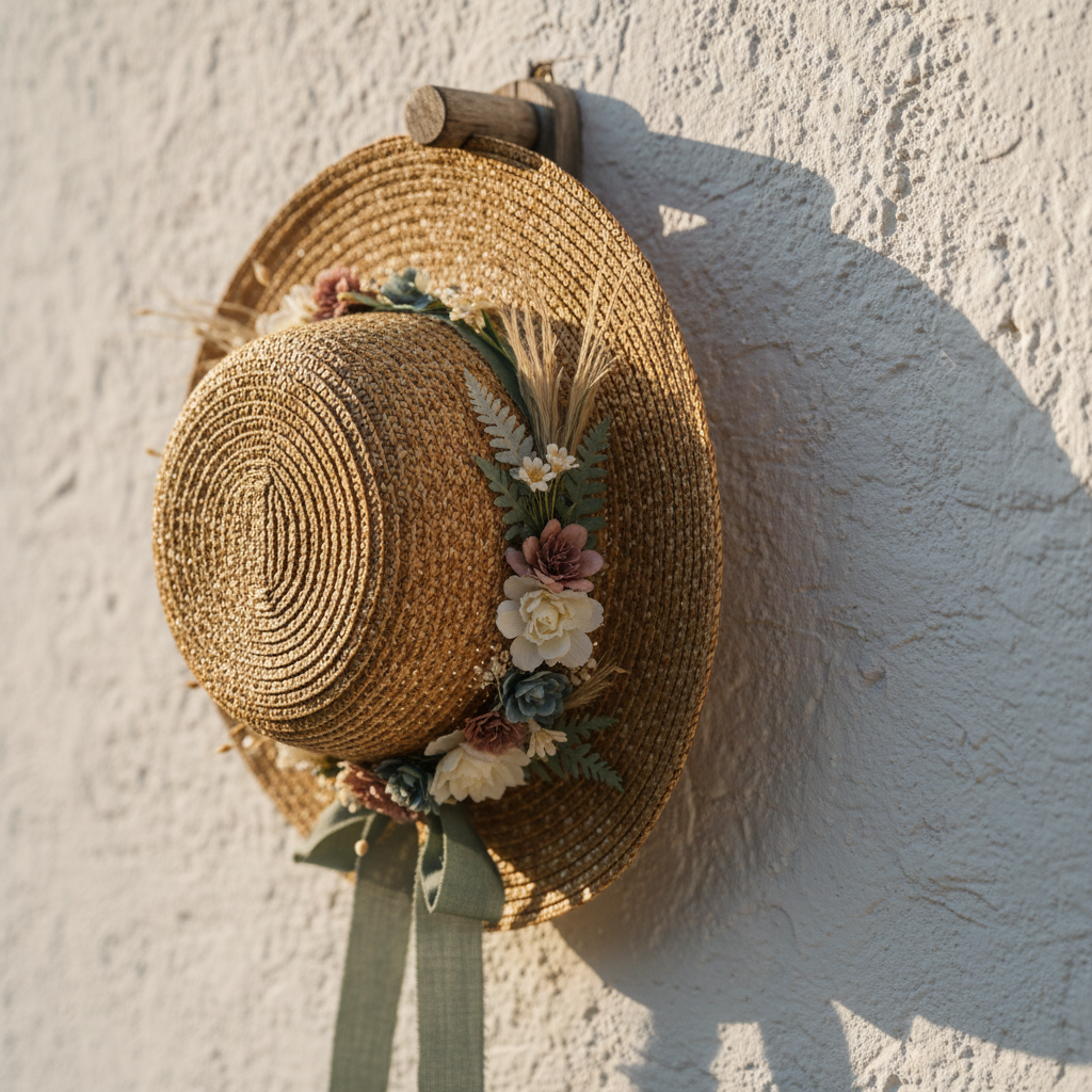 A close-up, side-on view of a rustic straw sun hat hanging from an old, whitewashed wooden peg on a textured plaster wall. The camera focuses tightly on the intricate braid of the straw and the hand-arranged garland of artificial wildflowers, card-cut fern shapes, and slender, wispy grasses that curves along the base of the crown. A muted sage-green ribbon trails gently from the back, its edges slightly frayed. Late afternoon light grazes the surface at a shallow angle, emphasizing texture and creating soft, elongated shadows on the wall. Photographic realism, rule-of-thirds composition, and a shallow depth of field give the image an intimate, quietly romantic feel with a restrained, sophisticated rustic aesthetic.