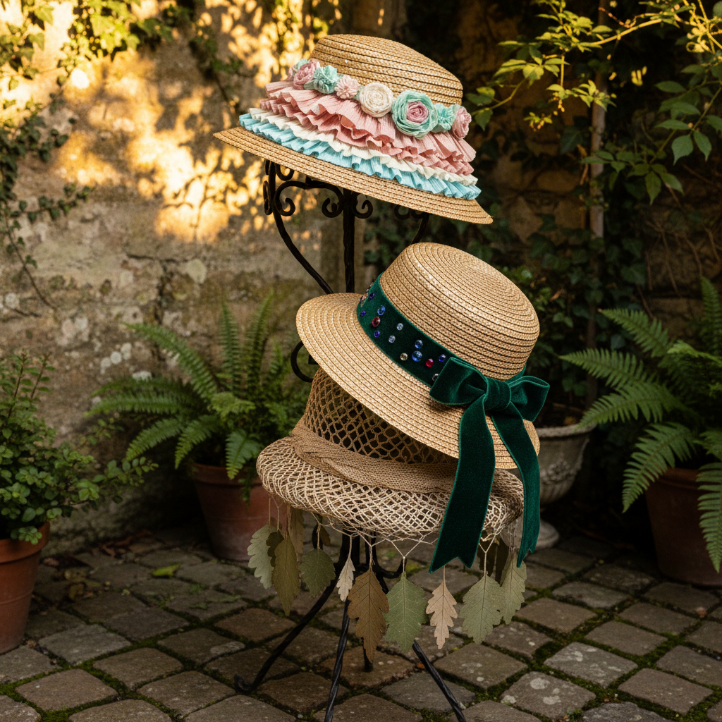 A curated trio of decorated straw hats arranged on a vintage wrought-iron hat stand in a sunlit garden corner. Each hat displays different detailing: one trimmed with layered crepe paper ruffles and pastel tissue paper blooms, another adorned with velvet ribbon and scattered jewel accents, and a third featuring twisted stretch nylon netting and pressed card cut-out leaves. The straw textures vary from tight, fine weave to looser, rustic braids. Golden hour sunlight filters through nearby foliage, casting dappled patterns on the hats and weathered stone wall behind. Photographic realism, slightly elevated angle, balanced composition with shallow depth of field, creating a serene, romantic mood that showcases variety and artisanal craftsmanship without visual clutter.