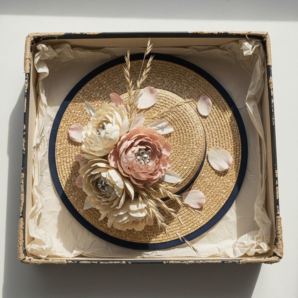 A single vintage-inspired straw boater hat laid flat inside an open, timeworn hat box lined with crinkled tissue paper. The hat brim is edged with a narrow grosgrain ribbon, while the crown features a dramatic cluster of oversized crepe paper peonies, delicate tissue petals, and slender dried grasses that arc gracefully outward. Tiny crystal-like jewels are nestled at the flower centers, catching points of light. Soft, diffused overcast daylight flows in from an unseen window, creating even illumination and subtle, nostalgic shadows. Captured from directly above in photographic realism, the composition is clean and centered, with the round hat framed by the square box, evoking a refined, heirloom quality and a quiet, sophisticated atmosphere.